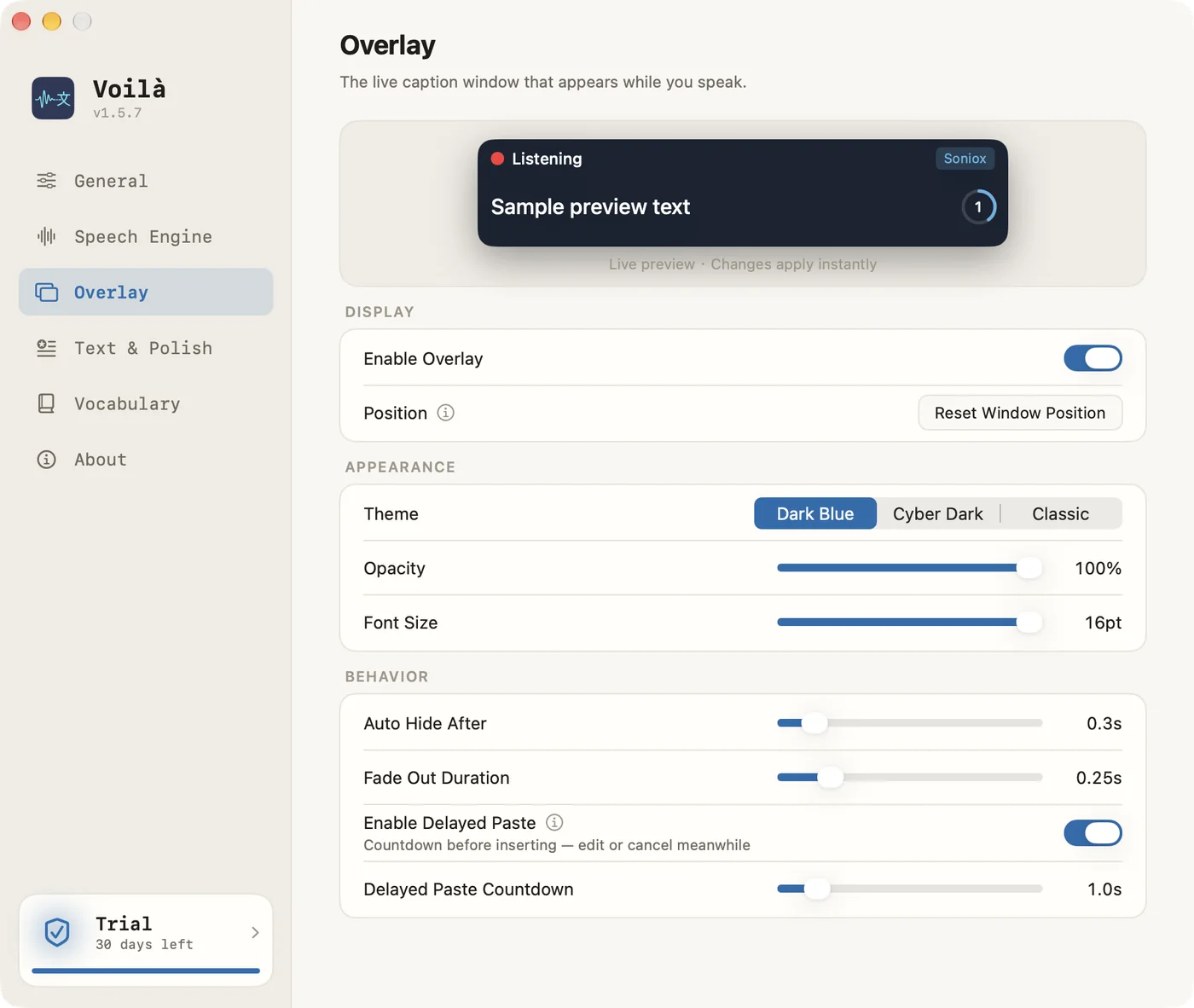 Voilà settings window — Overlay