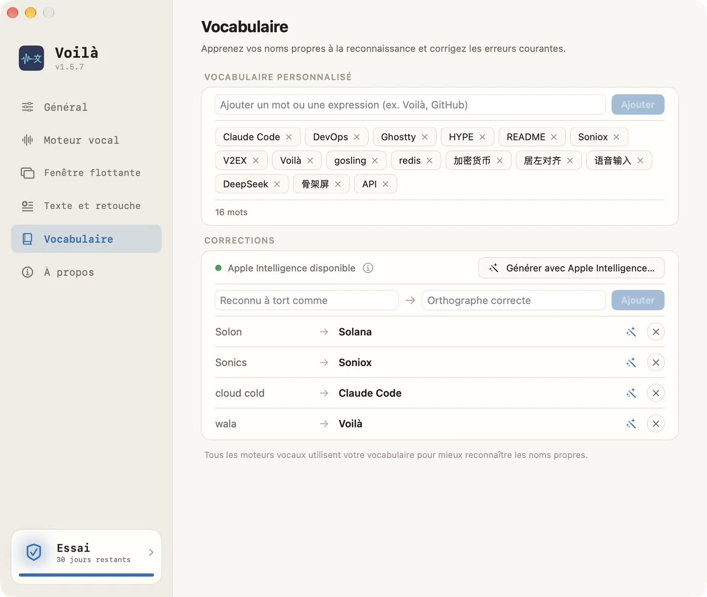 Fenêtre des réglages de Voilà — Vocabulaire