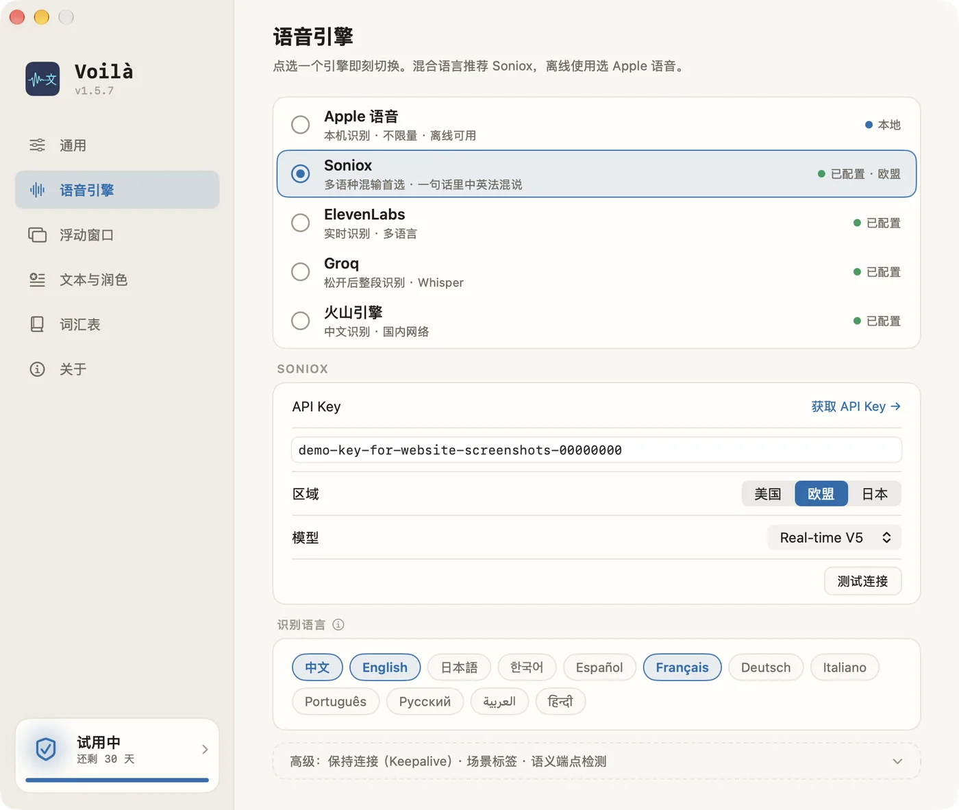Voilà 设置窗口 — 识别引擎